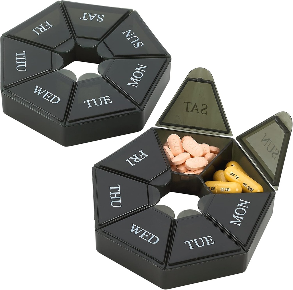 Ugentlig Pill Organizer - (Pack of 2) 7-Day Pill Container - Gigt Friendly Portable & Compact rejse sag Daily Segment Medicine Pills Box for kosttilskud, medicin, vitaminer og fiskeolier