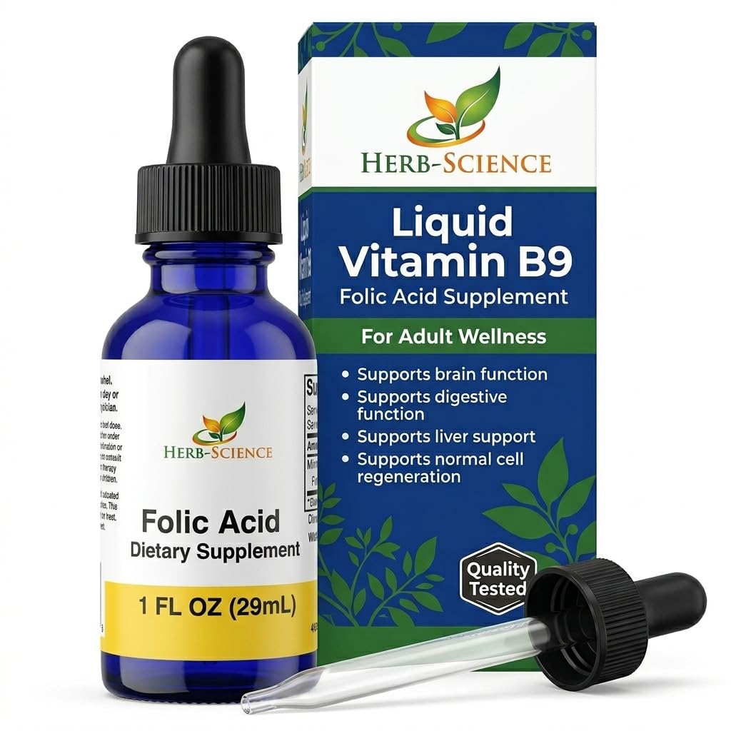 Flydende vitamin B9 folinsyre kosttilskud - VIT B dråber til hjerne & fordøjelsesfunktion, leverstøtte - Gluten- fri, non-GMO, Vegan - Nutritional Supplement for voksne - 1 fl. oz.