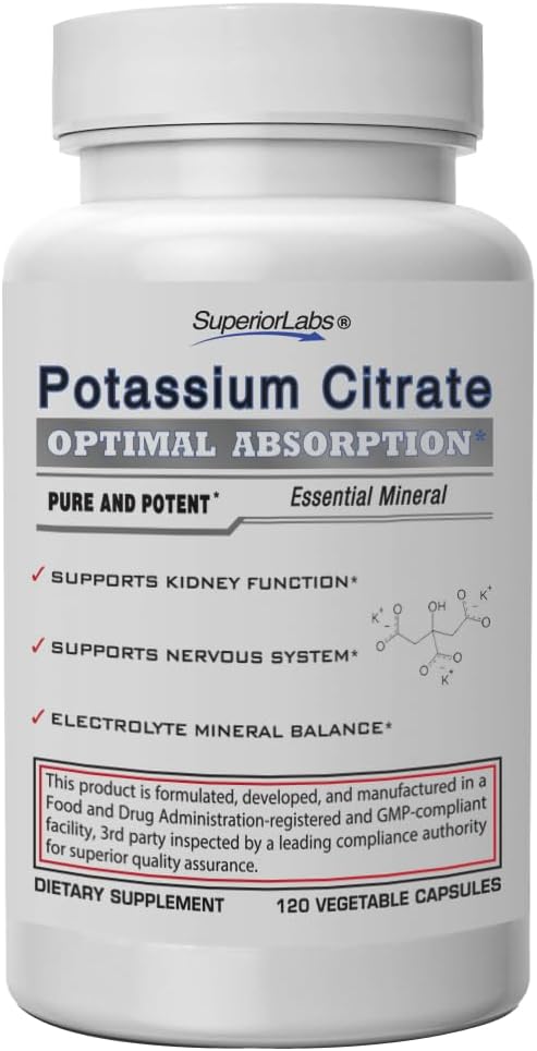 Superior Labs Kalium Citrate 100 mg, Pure Non- GMO Electrolyte Mineral, Additive- Free, Nyre Stone & pH Support, Muscle Cramp Relief, Heart & Nerve Funktion, Alkaliserende Balance, 120 Veg Caps