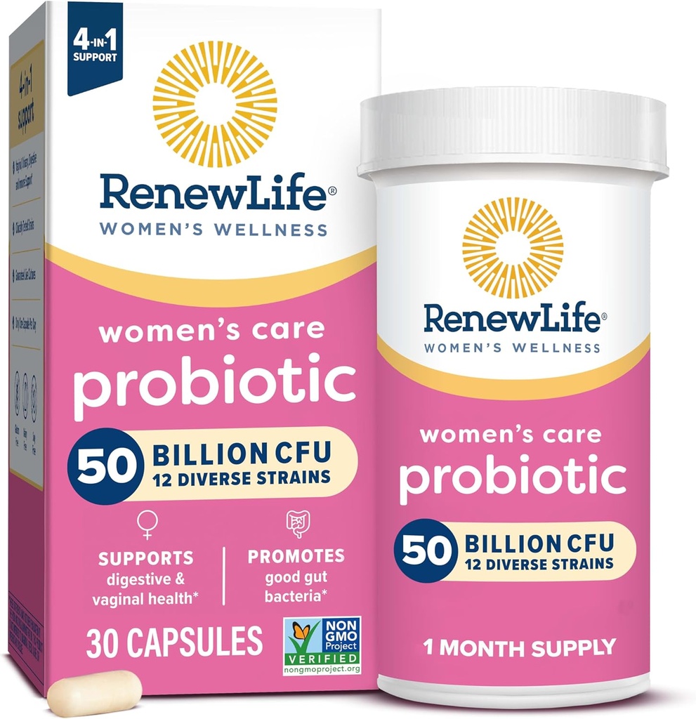 Renew Life Women 's Probiotic Capsules, 50 Millioner CFU Garanteret, Understøtter pH-balance, Vaginal, Urinary, fordøjelses- og immunsundhed (2), L. Rhamnosus GG, Dairy, Soy og Gluten- Free, 30 Greve