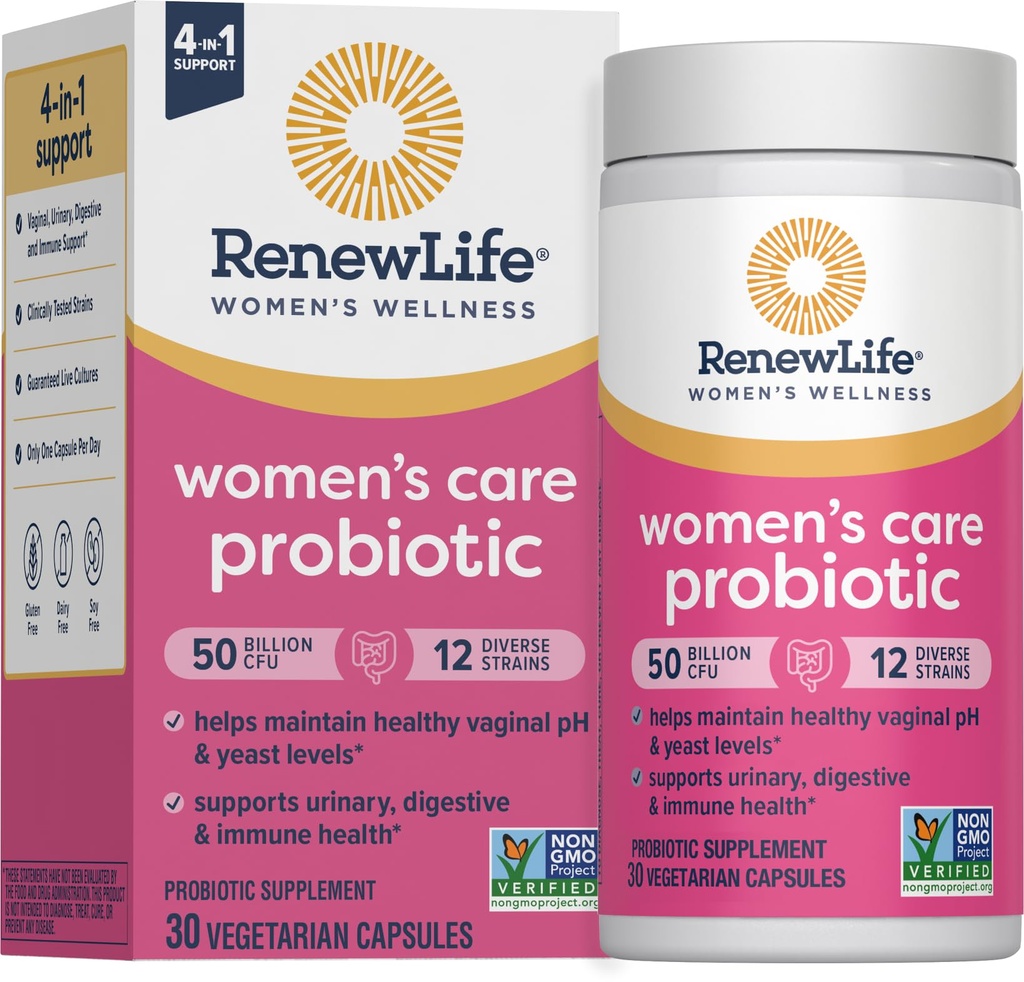Renew Life Women 's Probiotic Capsules, 50 Millioner CFU Garanteret, Understøtter pH-balance, Vaginal, Urinary, fordøjelses- og immunsundhed (2), L. Rhamnosus GG, Dairy, Soy og Gluten- Free, 30 Greve