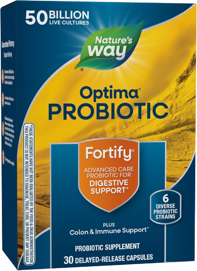 Nature 's Way Fortify Optima Probiotic for mænd og kvinder, 50 Millioner levende kulturer, 6 Stammer, Understøtter fordøjelse og immunforsvar *, 30 kapsler (Packaging May Vary)