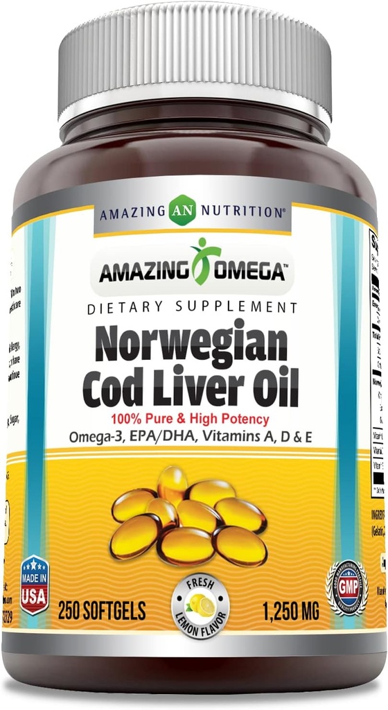 Amazing Omega Norwegian Cod Lever Oil 1250 Mg Softgels Supplements 124; Omega-3, EPA, DHA, Vitamin A, Vitamin D & Vitamin E (Orange Beeg 124; 250 Tæl)