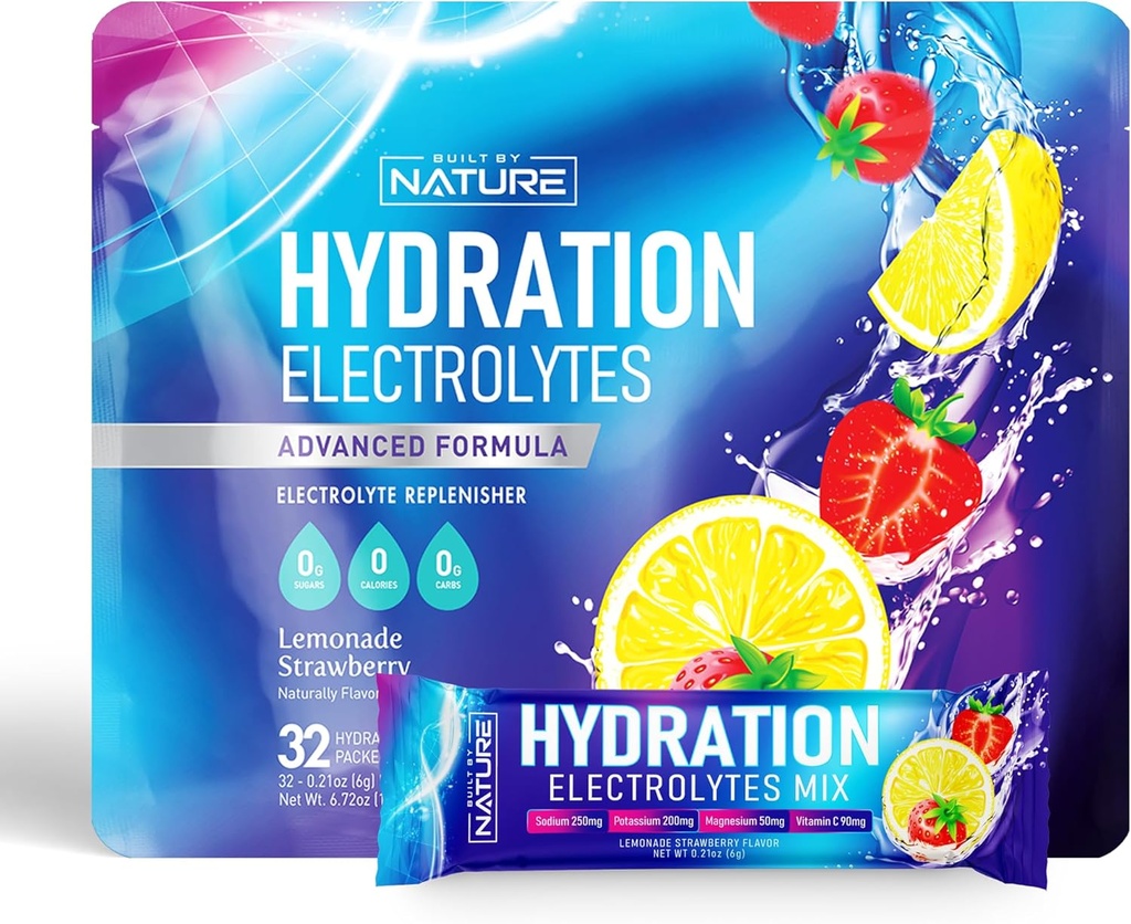 Elektrolyter Powder Hydration Pakker - Inddrivelse Drik Mix med natrium, kalium, magnesium, calcium, C-vitamin & zink - Sukker fri, Keto, Non GMO & Vegan - Jordbær Lemonade - 32 sticks