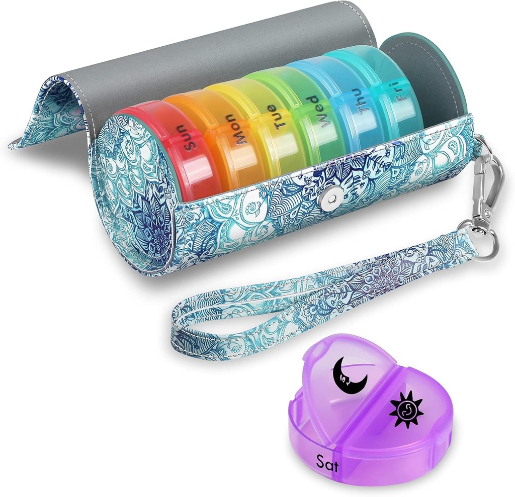 FINPAC Pill Organizer 2 gange om dagen, Stor Ugentlig AM PM Pill Box med carrying PU læder sag for 7 dages medicin pleje, Round Medicine Vitamin Dispenser Container og Indehavere (Emerald Illusions)