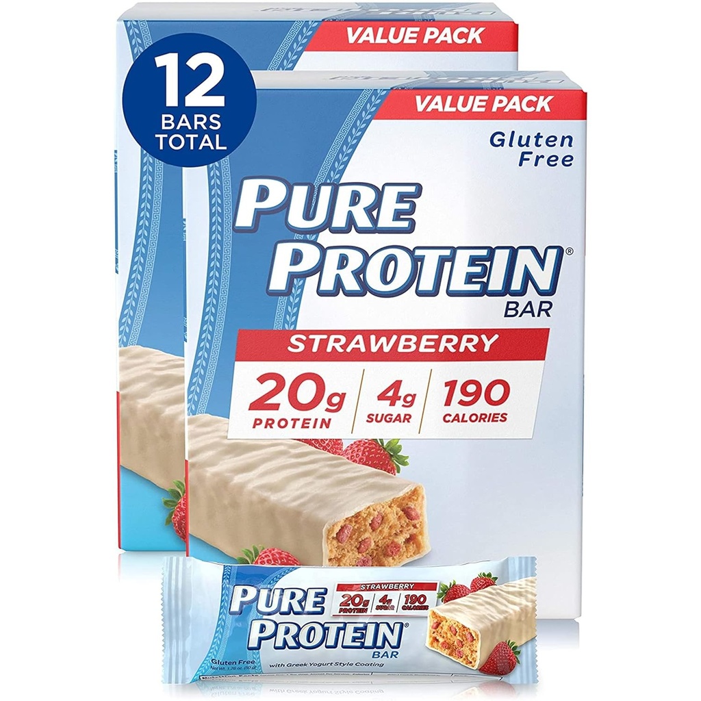 Pure Protein Barer, High Protein, Nutrious Snacks til støtte energi, Lavsukker, Gluten Free, Jordbær græsk yoghurt, 6 Barer Hver 1.76 Oz, pakke med 2