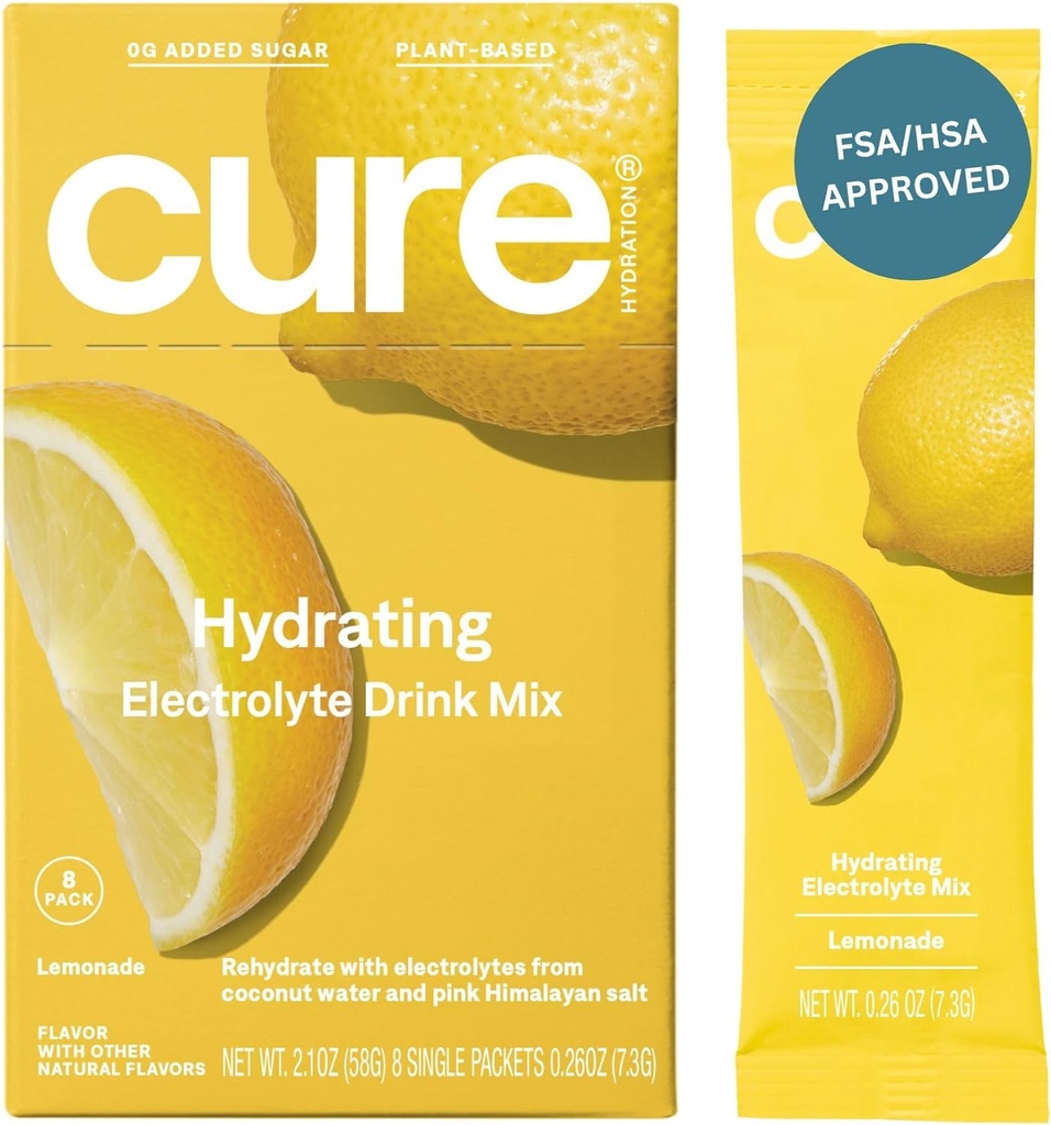 Cure Hydration • 124; Plantbaseret elektrolytdrik • 124; Ingen tilsat sukker • 124; Dehydrering • Hjælpepulver fremstillet med kokos • 124; ikke- GMO • 124; Vegan • 124; Æske med 8 pakker - Lemonade