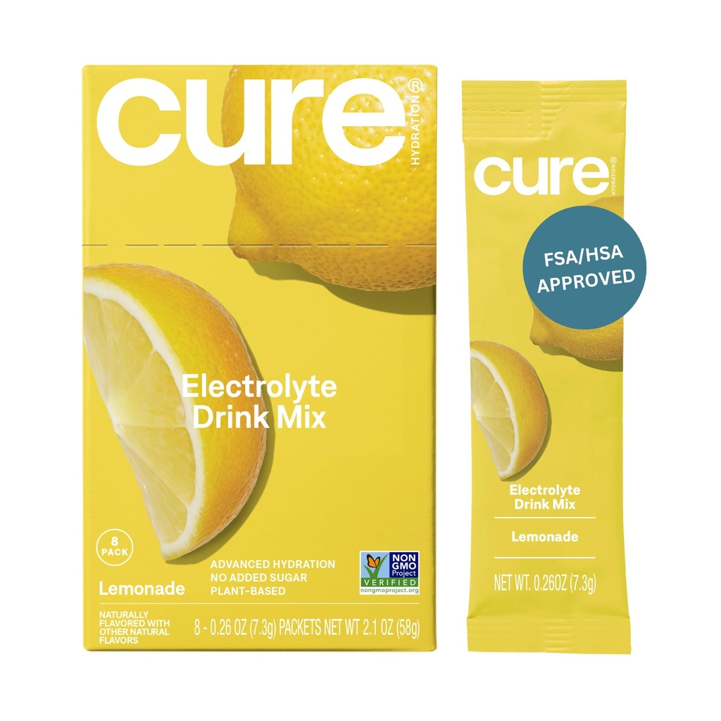 Cure Hydration • 124; Plantbaseret elektrolytdrik • 124; Ingen tilsat sukker • 124; Dehydrering • Hjælpepulver fremstillet med kokos • 124; ikke- GMO • 124; Vegan • 124; Æske med 8 pakker - Lemonade