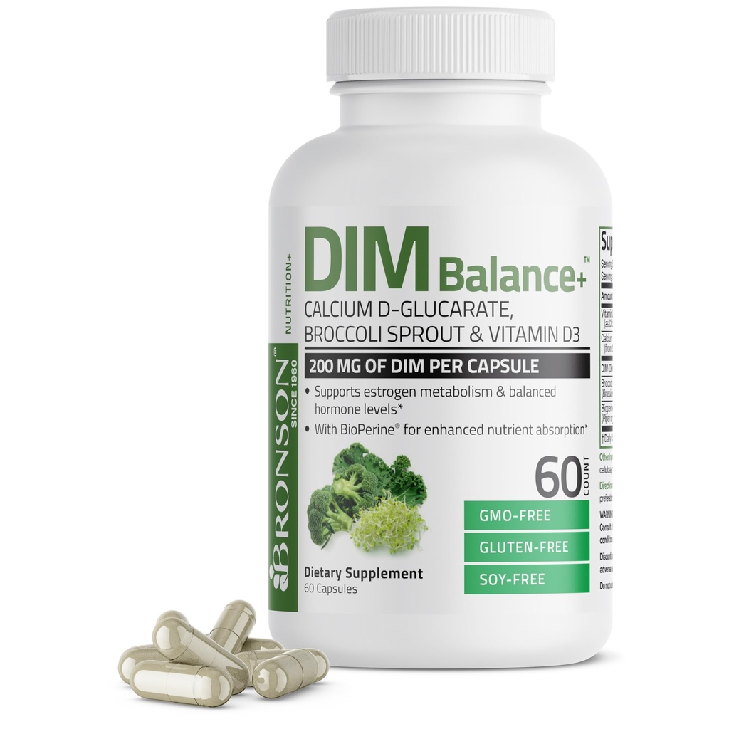 Bronson DIM Balance + calcium D- glucarat, broccoli spirer og vitamin D3 200 MG DIM per kapsel Understøtter østrogen Metabolisme og Balancerede Hormonniveauer Non- GMO, 60 Vegetariske kapsler
