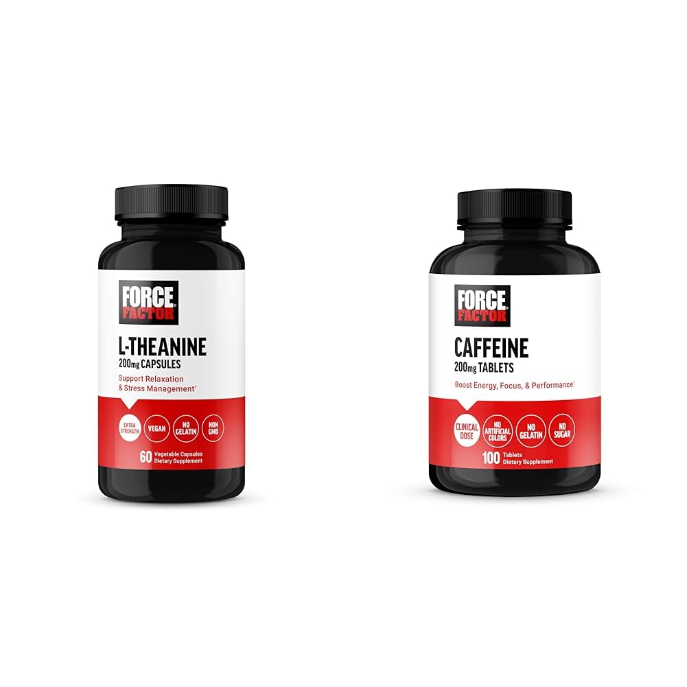 Force Factor L-Theanine 200mg and Caffeine 200mg Supplement Bundle for Stress Relief, Energy, Focus, and Performance, 60 Capsules and 100 Tablets