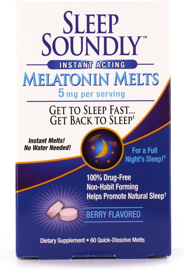 Sleep Soundly Melatonin Melts 5 mg Berry Flavor, Night time Sleeping Aid for Adults, Fast Acting Sleep Formula, 60 Count, White