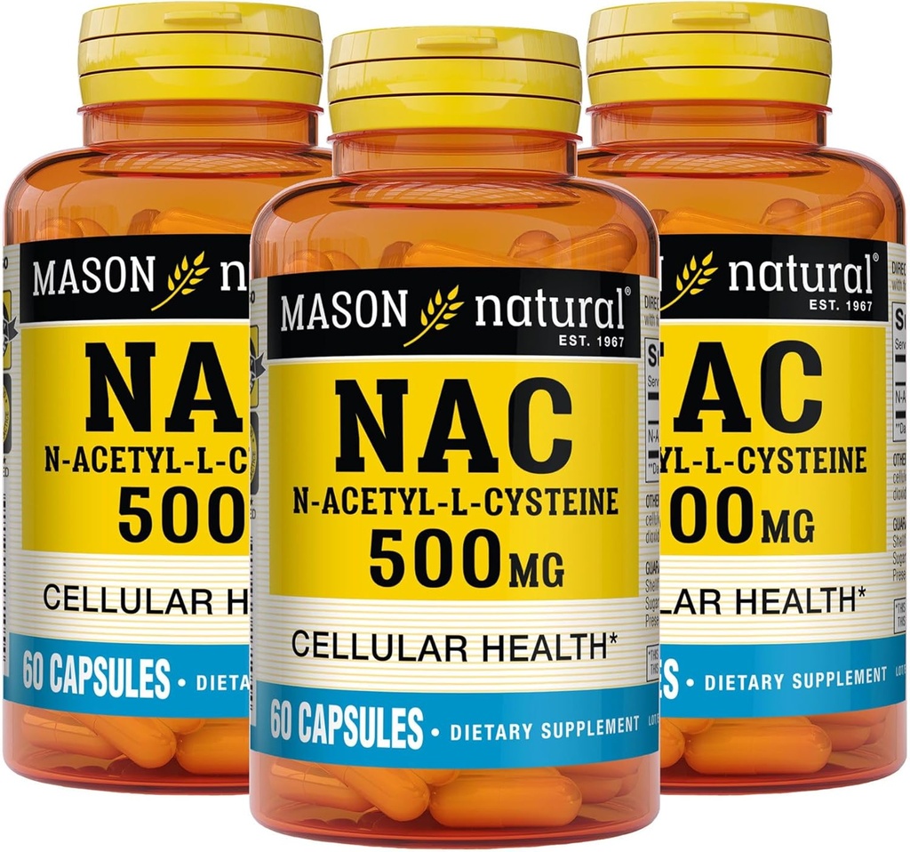 Mason Natura NAC N, Acetyl, L, Cysteine 500 mg, 6 Måned Supply, Understøtter Normal Cellular Health, Immunsystemet Booster for General Wellness, 3 Pack