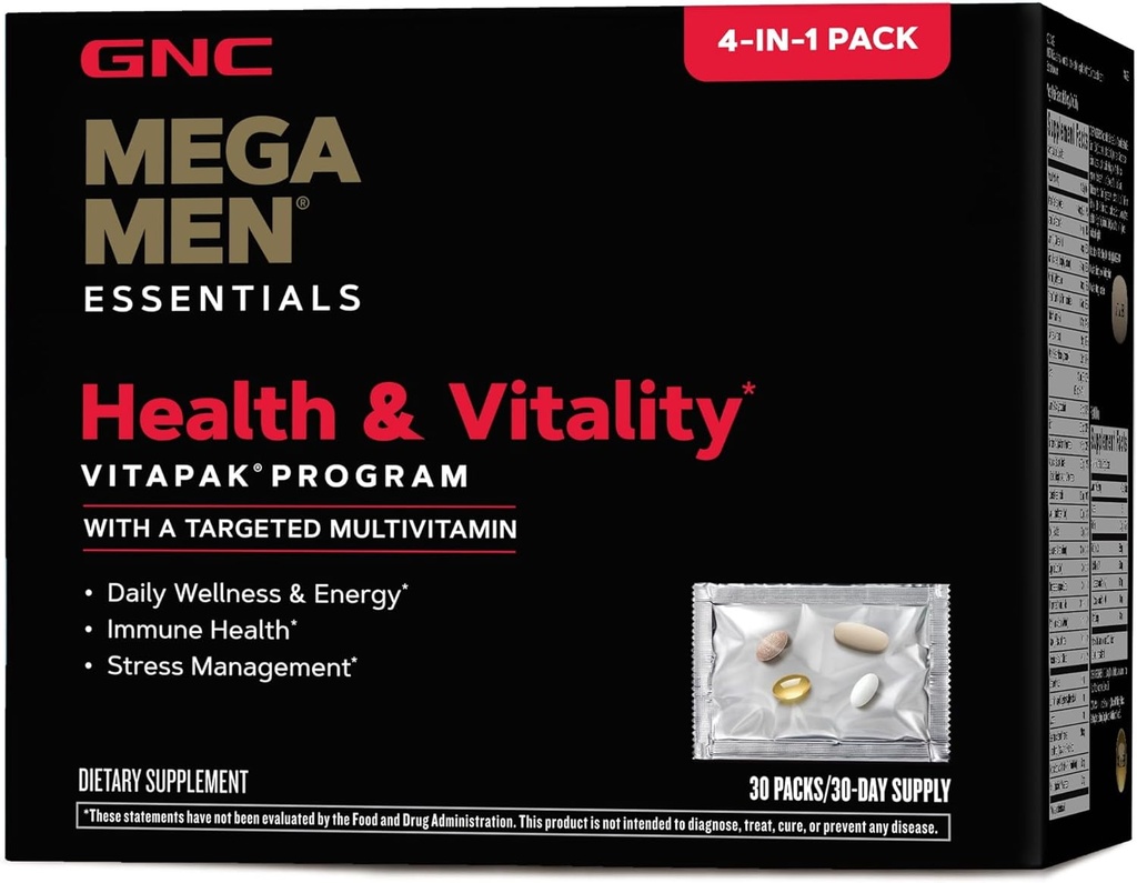 GNC Mega Mænd Sundhed & Vitality Vitapak, 30 Daily Packs, 4-in-1 Komplet Daily Multivitamin og Nutrition Program for Mænd