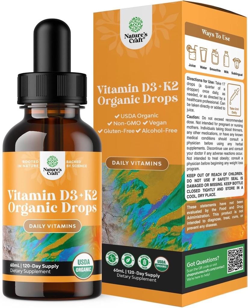 Nature Craft flydende vitamin D3 med K2 for voksne - Organic Drops 2000IE per Servering Vegan Bone Muscle Heart & immunstøtte MCT Oil Enhanced Absorption