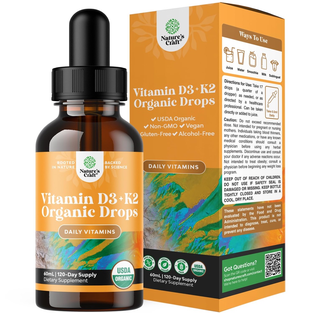 Natures Craft Liquid Vitamin D3 med K2 for voksne - Organic Drops 2000IE per Serving Vegan Bone Muscle Heart & immunsupport MCT Oil Enhanced Absorption - 2Fl Oz (pakke med 1)
