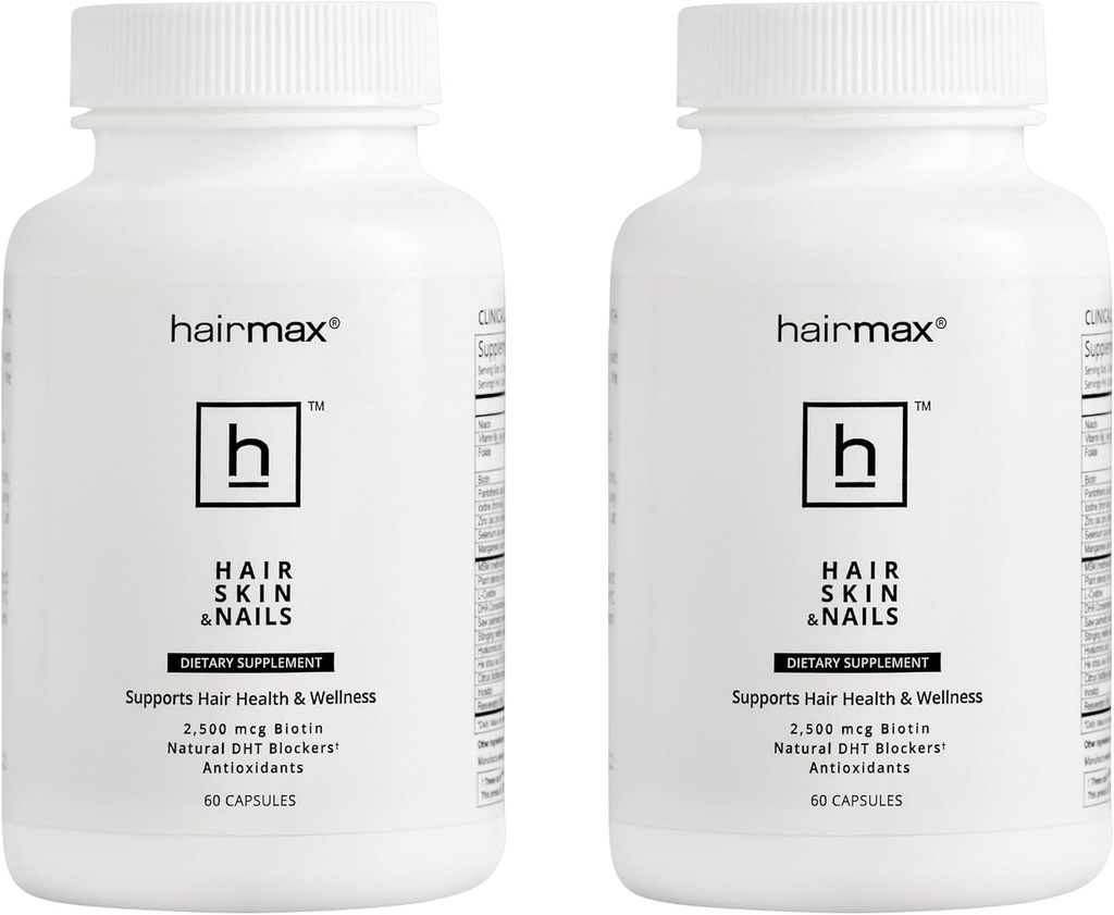 Hårmax for hår, hud og negle Kosttilskud - Hårtab og hårvækst Behandling for kvinder og mænd. Indeholder 2500mcg biotin, DHT Blocker, MSM & antioxidanter, pakke med 2 flasker