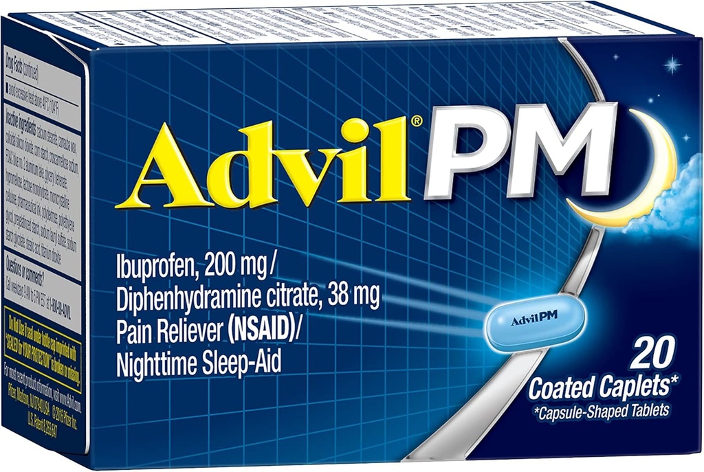 Advil PM Pain Reliever og nat søvn støtte, smertestillende medicin med Ibuprofen for smertelindring og diphenhydramin citrat for en søvn støtte - 20 coated kapsler