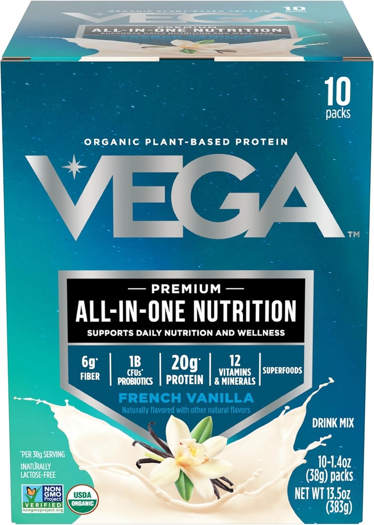Vega Organic All- in- One Vegan Protein Powder, Fransk Vanilla -Superfood Ingredienser, Vitaminer for Immunitet Support, Keto Friendly, Pea Protein for Women & Men, 13.5 oz (Packaging May Vary)