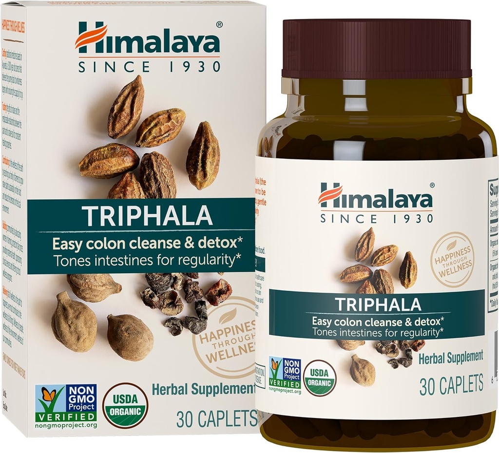 Himalaya Organic Triphala - fordøjelsestilskud til kolon rense & Lejlighedsvis Bloating og Forstoppelse Relief - USDA Organic, Vegan, Non- GMO, Gluten Free, 688 mg, 30 kapsler