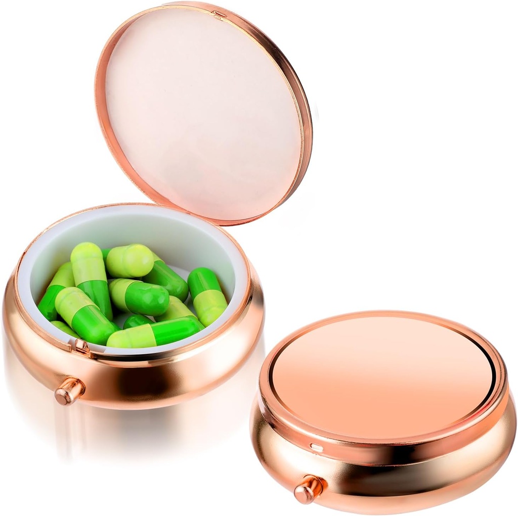 Pill Box Cute Small Pill Box til purse & Pocket Medicine Organizer Travel Pillbox Vandtæt Pill sag Metal Pill Container Holder for Vitaminer, Fiskeolie, Kosttilskud (Rosegold)
