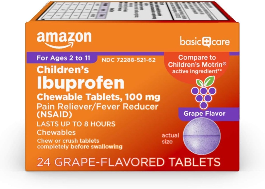 Basic Care Children 's Ibuprofen Chewable Tablets 100 mg, Grape Flavor, Pain Reliever og Fever Reducer (NSAID), For Sore Throat, Tandpine, Hovedpine Relief og mere, 24 Tæl