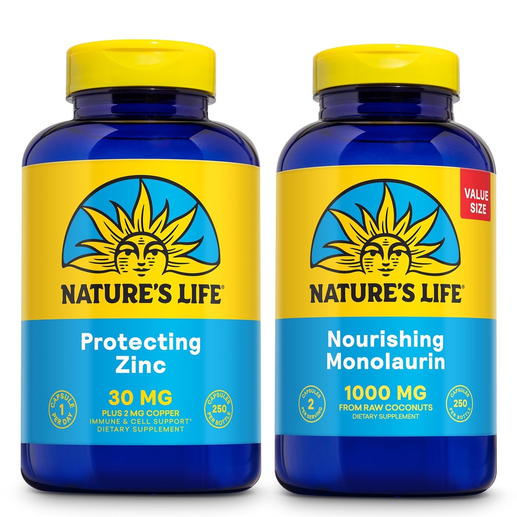 Naturens liv nærende Monolaurin 1000mg 250ct og beskyttelse af zink picolinat 30mg 250ct - Gut sundhed og immunforsvar kosttilskud - Monolaurin fra rå kokosnødder, chelated zink - 60-dages garanti