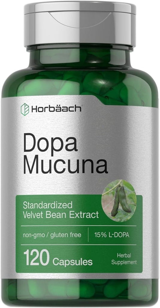 Horbäach Dopa Mucuna Supplement: 124; 120 Kapsler: 124; Velvet Bean Herbal Extract: 124; 15% L- dopa: 124; Non- GMO & Gluten Free