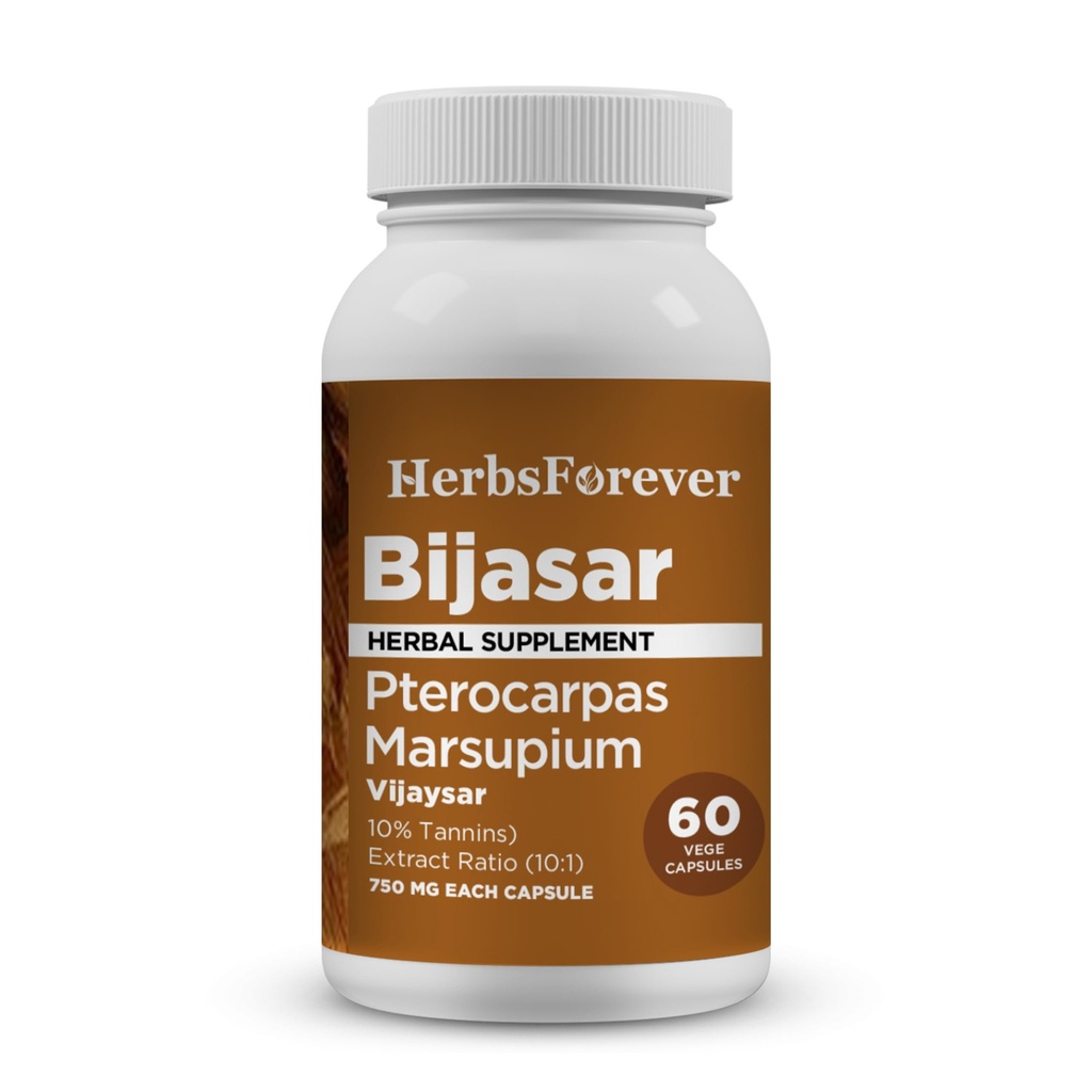 HerbsForever Bijasar (Indian Kino Tree, Malabar Kino) -Extra Strength (10: 1) Extract, Equiv.to 4800mg Bark Powder Per Serving- Lever Support & Detox Blood Sugar & Renhed Year 124; 10% Tannins Year 124; 60 Veg Kapsler Depoted 124; 800mg