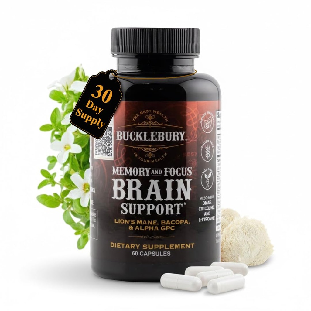 BuckLEBURY Brain og hukommelse kosttilskud med Bacopa & Alpha GPC - Nootrop Brain Capsules for Cognitive Support, Focus & Mental Clarity - Hukommelse og Focus Pills for Kvinder & Mænd - Vegan 60 Kapsler