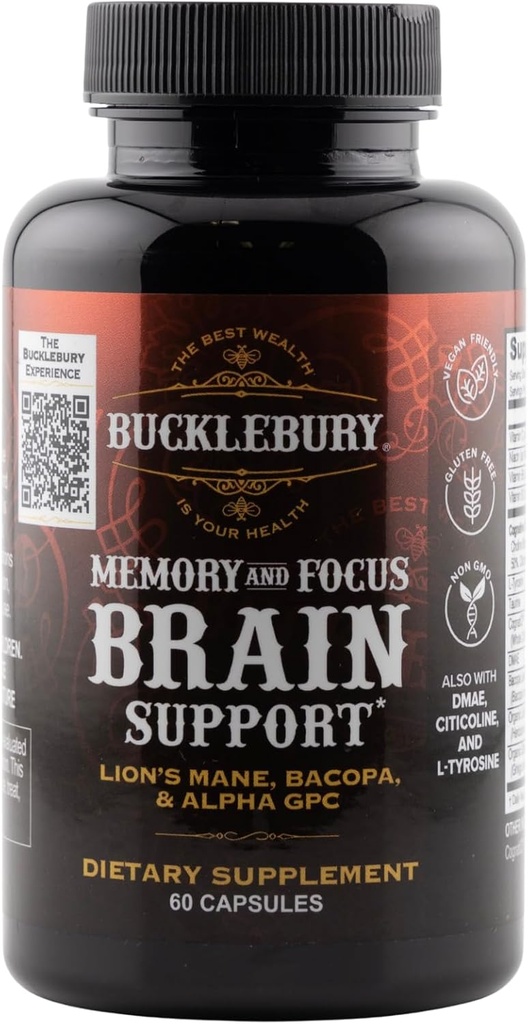 BuckLEBURY Brain og hukommelse kosttilskud med Bacopa & Alpha GPC - Nootrop Brain Capsules for Cognitive Support, Focus & Mental Clarity - Hukommelse og Focus Pills for Kvinder & Mænd - Vegan 60 Kapsler