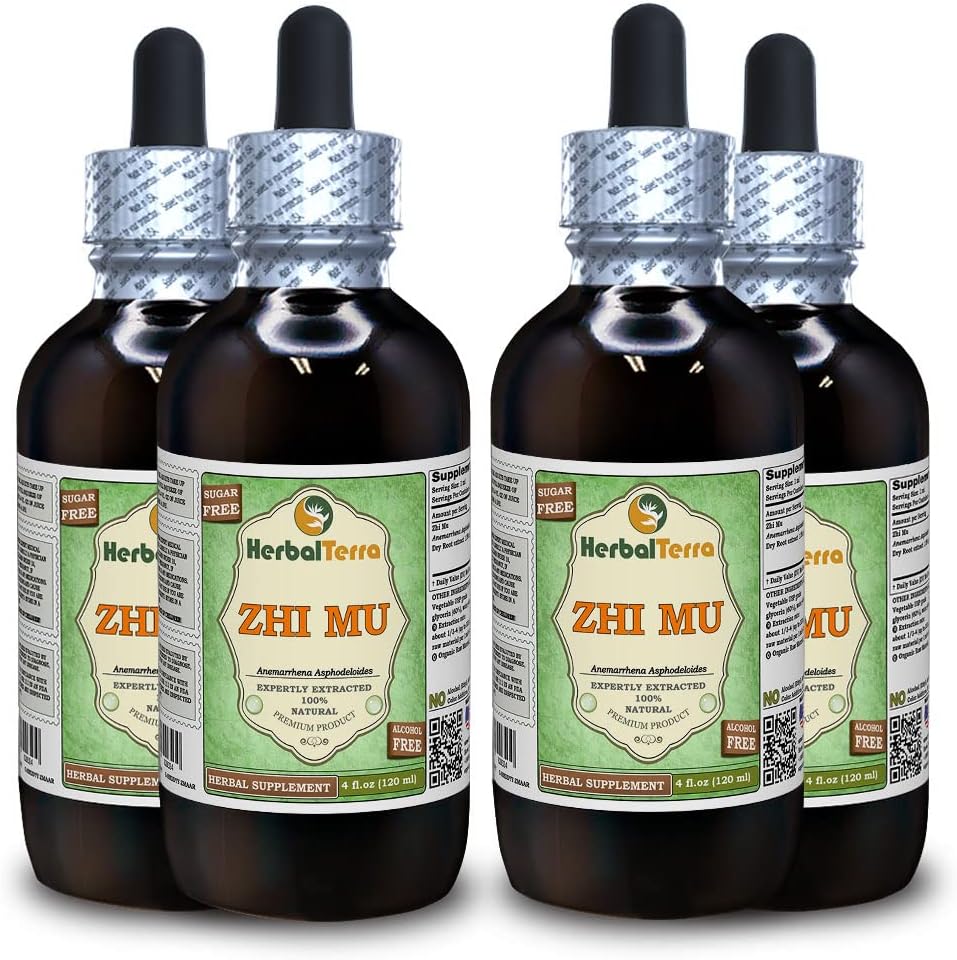 Zhi Mu, Anemarrhena (Anemarrhena Asphodeloides) Glycerit, Tørret Root Powder Alkohol- Free Liquid Extract (Brand Name: HerbalTerra, Stolt Made in USA) 4x4 fl.oz (4x120 ml)