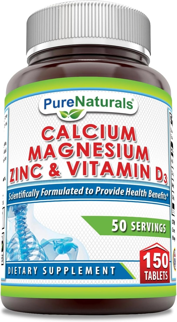 Pure Naturals Calcium Magnesium Zink Vitamin D3 Supplement Note 124; Calcium 1000mg, Magnesium 400mg, Zink 25mg, Vitamin D3 600 IE