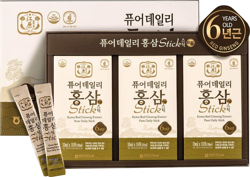 Gangwoninsam] Koreansk Rød Ginseng Uddrag Pure Daily Stick 30 Greve - Indeholder 6 År Koreansk Rød Ginseng Uddrag, Koreansk Mad, Individuelt Pakket, 0,35 fl. oz (10ml), 3 X 10- Count Box