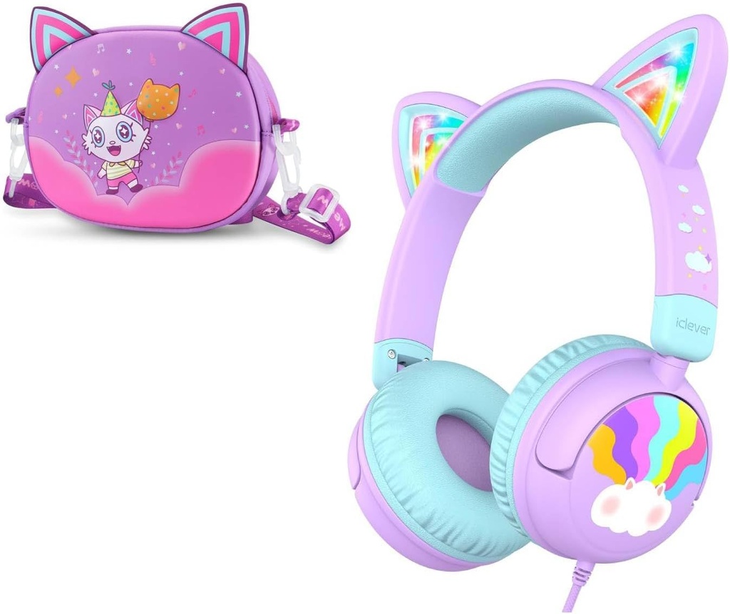 iClever Wired Kids Hovedtelefoner Kat Ear Meow Lollipop & Hovedtelefoner Sag Bundles