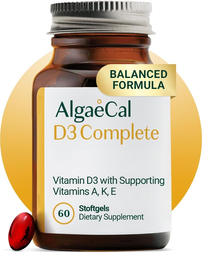 ALGAECAL 4- in-1 D3 K2 Vitamin Complete - ADK Vitamin supplement, Forbedret immunforsvar & Knoglesundhed med D3 K2, A, & E - Hele kroppen Wellness & Knoglestyrke, 60 Easy- Swallow Softels, Lavet i USA