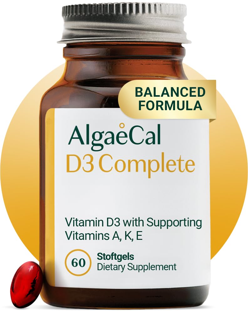ALGAECAL 4- in-1 D3 K2 Vitamin Complete - ADK Vitamin supplement, Forbedret immunforsvar & Knoglesundhed med D3 K2, A, & E - Hele kroppen Wellness & Knoglestyrke, 60 Easy- Swallow Softels, Lavet i USA