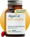 ALGAECAL 4- in-1 D3 K2 Vitamin Complete - ADK Vitamin supplement, Forbedret immunforsvar & Knoglesundhed med D3 K2, A, & E - Hele kroppen Wellness & Knoglestyrke, 60 Easy- Swallow Softels, Lavet i USA