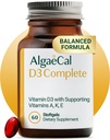 ALGAECAL 4- in-1 D3 K2 Vitamin Complete - ADK Vitamin supplement, Forbedret immunforsvar & Knoglesundhed med D3 K2, A, & E - Hele kroppen Wellness & Knoglestyrke, 60 Easy- Swallow Softels, Lavet i USA