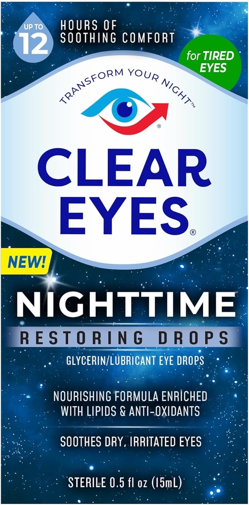 Clear Eyes Nighttime Restoring Eye Drops, Safe for Nightly Use for 12 Timer af beroligende Comfort, 0.5 Fl Oz