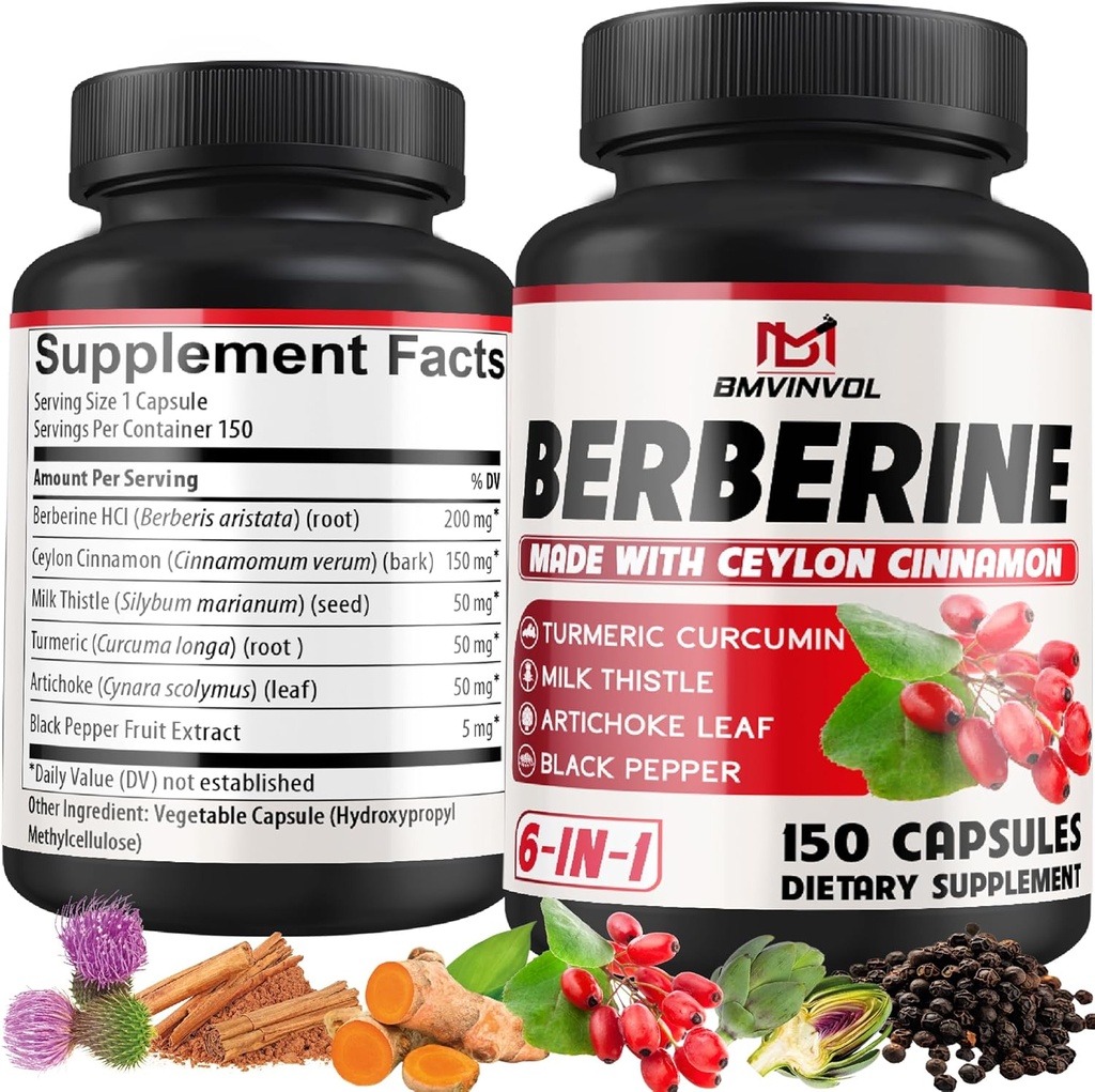 Berberine HCl, 150 Capsules - Plus Ceylon Cinnamon, Turmeric, Milk Thistle, Artichoke, Black Pepper, Berberine HCI Root Supplements Pills - Immune System