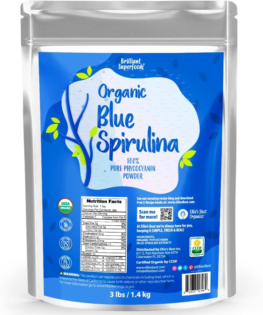Ellie 's Best Organic Blue Spirulina Powder Superfood Supplement - Odorless - 3LB Bulk - Vegan, Non GMO, Gluten- Free, Dairy- Free, Brilliant Blue Food Coloring - Pure Water Extraded