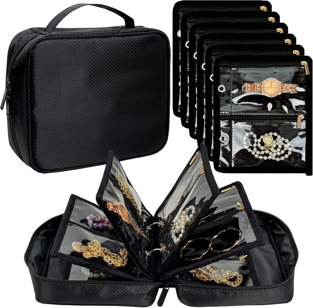Rejser Smykker Organizer sag, Smykker tasker til at rejse, Smykker Binder med 24 Pcs Clear Zipper Velvet Pouches til lagring øreringe, ringe, halskæde, armbånd, Watch (sort)