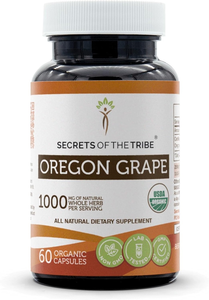 Secrets of the Tribe Oregon Grape USDA Organic Capsules against 124; Certified Organic Vegetarian Capsules, Herbal Dietary Supplementet 124; Mahonia aquifolium Tørret rod (60 Greve)