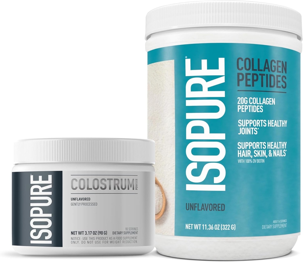Bundle of Isopure Bovine Colostrum supplement pulver, forsigtigt forarbejdet, 90 Servere + Isopure Collagen Peptider pulver, 14 Servere, Unflavored, med C-vitamin, med Biotin