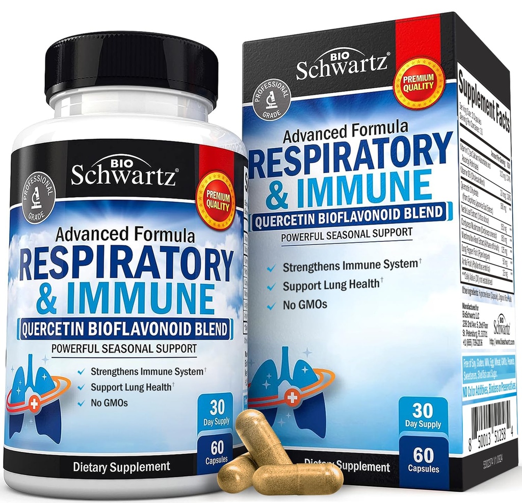 Respiratoriske & immun Lung Support med Quercetin, D-vitamin & Cordyceps, Hjælper Soothe Respiratory Tims Mens løsnende Mucus, Lung Health Vitaminer for kvinder & mænd, 60 kapsler