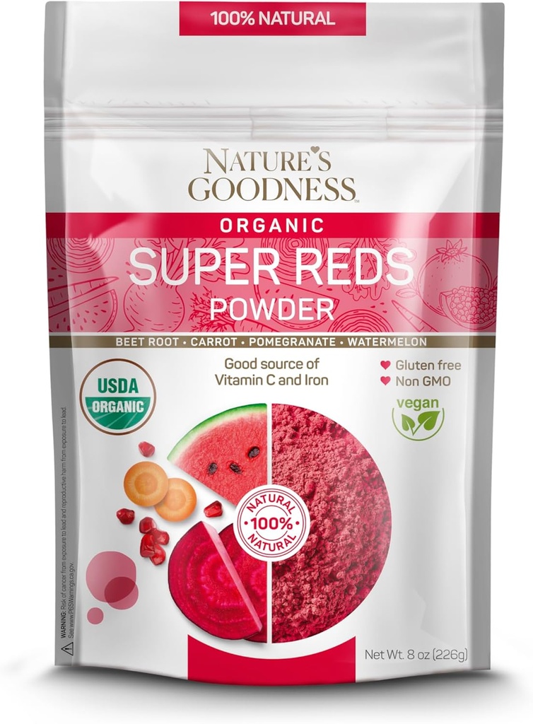 Nature 's Goodness Super Red Powder med Beet Root, Gulerod, Pomegranat, og Watermelon - Antioxidant Rich Superfood for Energy, Heart Health, og Detox - 16 Serveringer (8 oz)