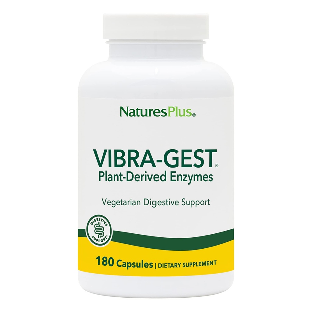 Natures Plus Vibra- Gest - 180 kapsler - Vegetarisk fordøjelsesstøtte tillæg med Probiotika, levende frugt & vegetabilske enzymer - Naturlige levende kulturer - 180 Servere