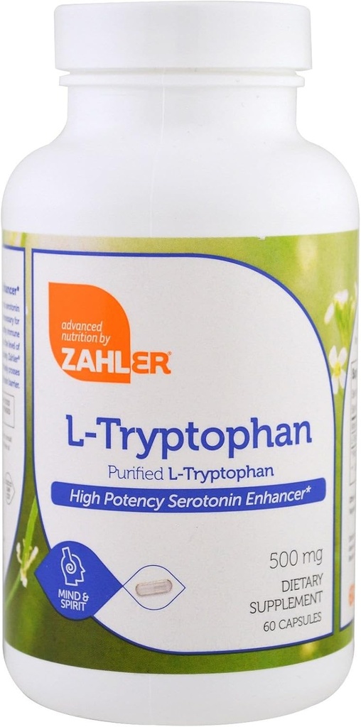 Zahler L- Tryptophan 500mg - Renset L Tryptophan Supplement - Høj- potens Aminosyre til serotonin og Balanced Mood Support - Vegetarian-Friendly, Kosher, Non- GMO og Gluten Free (60 kapsler)