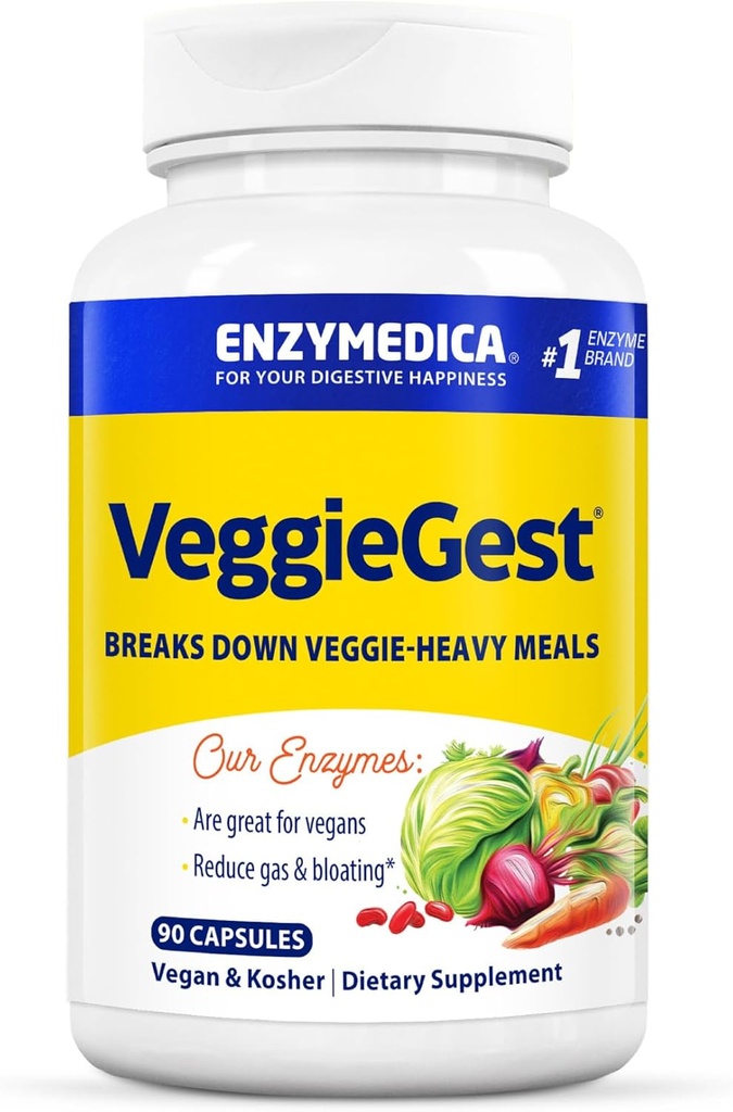 Enzymedica, VeggieGest, fordøjelsesenzymer, Understøtter lejlighedsvis Gas & Bloating Relief fra High Fiber Meals, for Vegan & Vegetar Diets, Enzyme Blend for fordøjelsessygdomme, 90 Greve