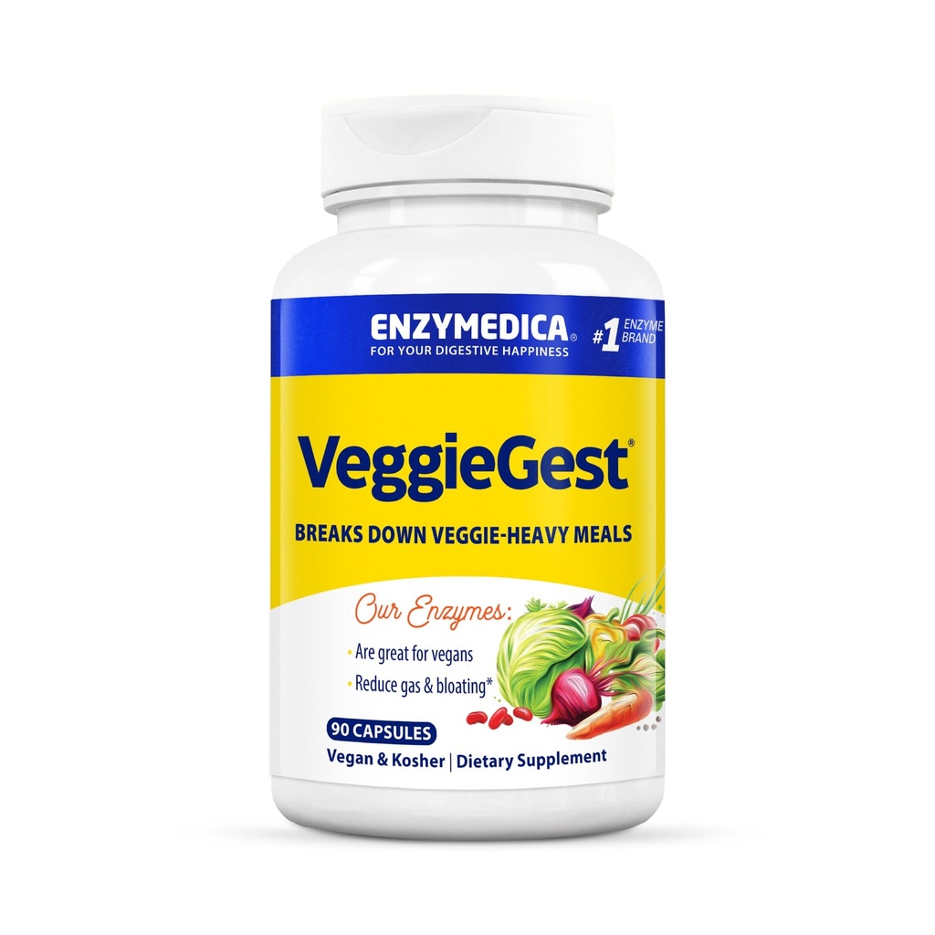 Enzymedica, VeggieGest, fordøjelsesenzymer, Understøtter lejlighedsvis Gas & Bloating Relief fra High Fiber Meals, for Vegan & Vegetar Diets, Enzyme Blend for fordøjelsessygdomme, 90 Greve